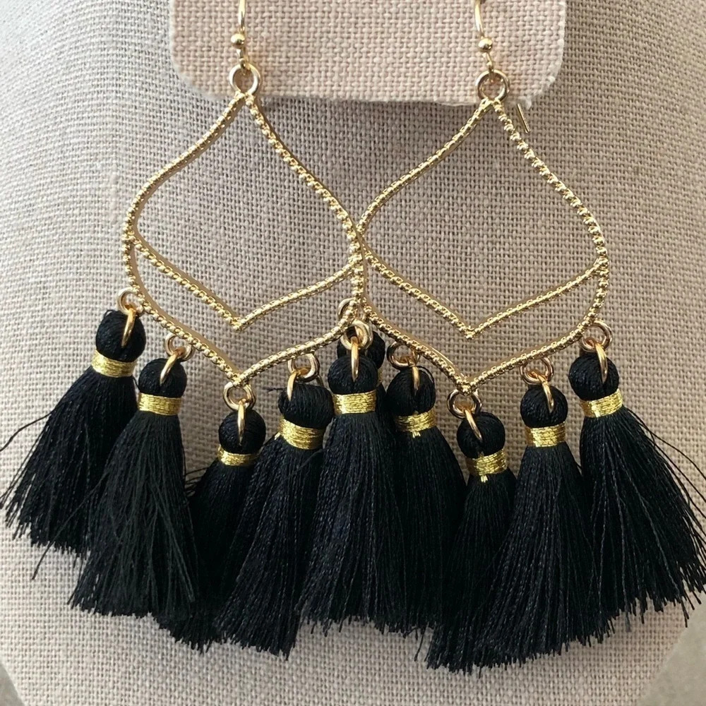 Gold Tone Black Tassel Drop Fashion Earrings Teardrop Boho Jewelry 3.5” Asian